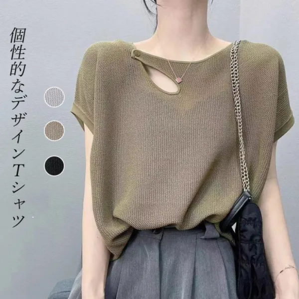 トレンドアイテム 無地 サマーニット 透かし編み ラウンドネック 接触冷感 ファッション 半袖 Tシャツ