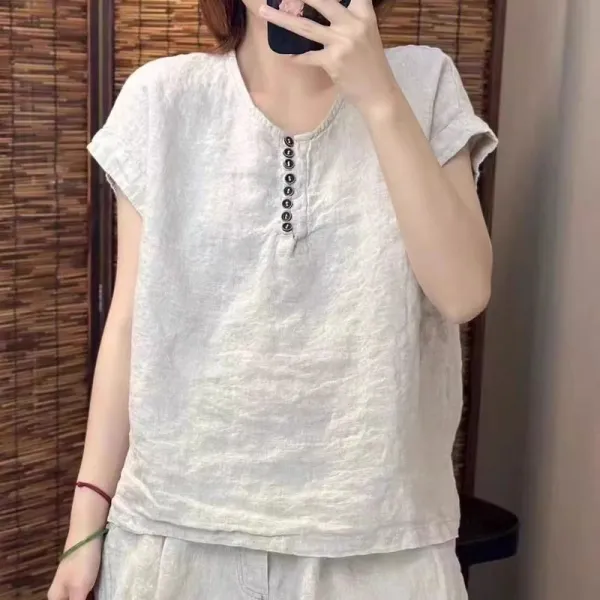 新作発売！ ラウンドネック プルオーバー 半袖 ボタン 無地 森ガール Tシャツ