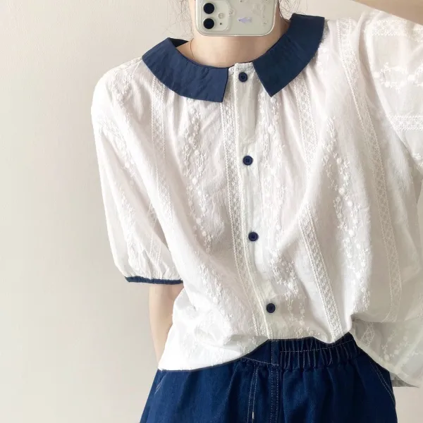 シャツ  コットン  スリムに見える  夏服  通勤/OL  デザイン  ラウンドカラー  コットン100%  OL通勤  気質  若く見え  新作  刺繍  デザイン性  バイカラー