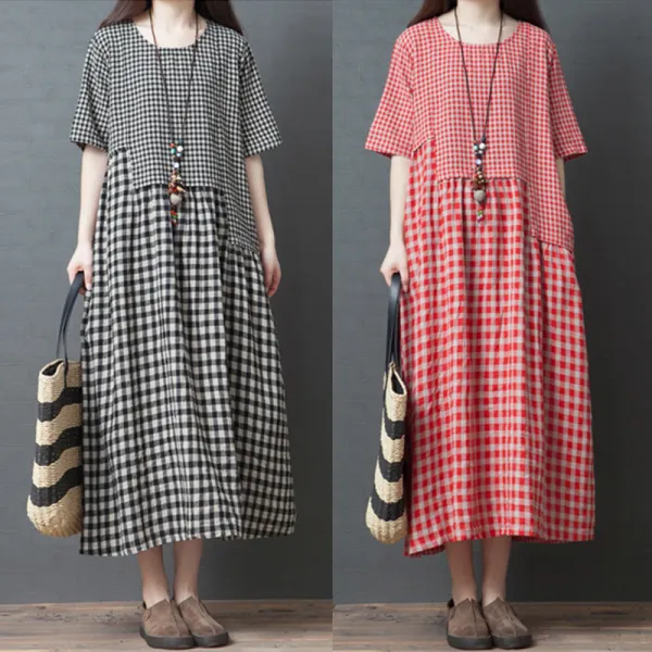 ワンピース  切り替え  ベージュ  コットン  半袖  ゆったり  クルーネック  夏服  綿麻  文芸  普通  新作  2025  レディース  ミディ丈 / ミディアム丈