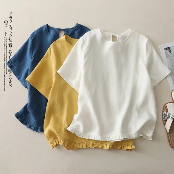 シャツ  ベージュ  コットン  半袖  ゆったり  クルーネック  夏服  綿麻  文芸  レーシング  新作  レディース