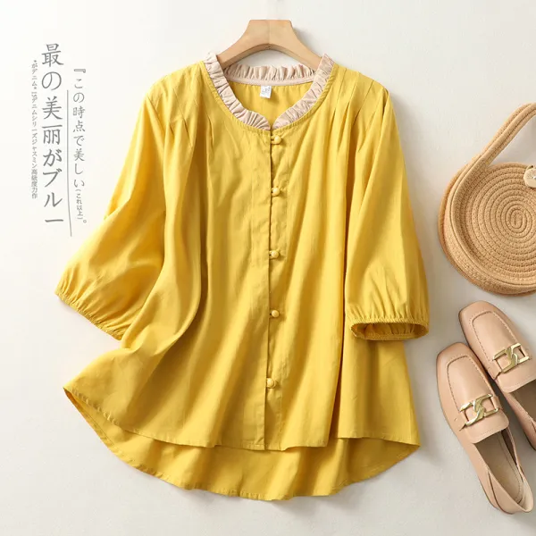 シンプル  カジュアル  ベージュ  コットン  半袖  おしゃれ  ゆったり  夏服  綿麻  文芸  気質  レトロ  レディース