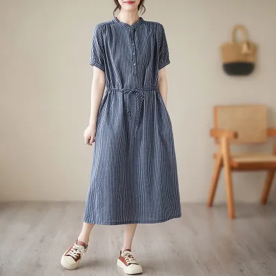 シンプル  ワンピース  ロングワンピース  スリムに見える  ゆったり  スタンドネック  夏服  文芸  普通  新作  レディース  ミディ丈 / ミディアム丈