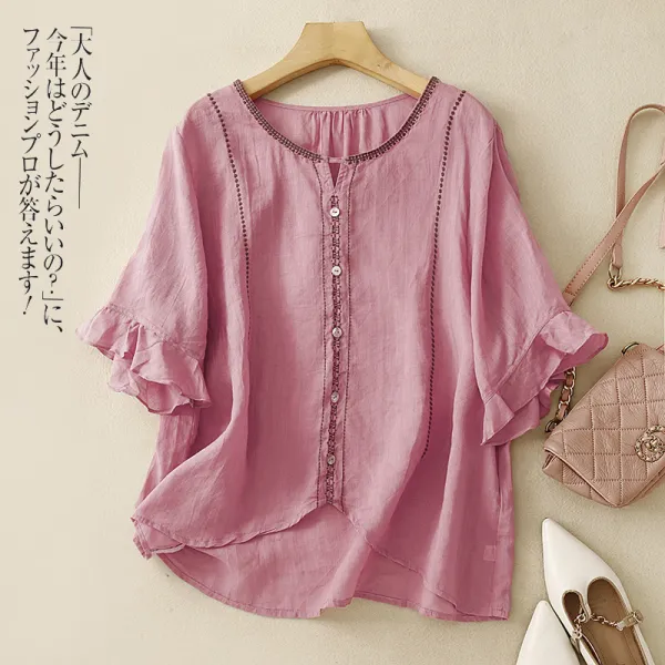 Tシャツ  ベージュ  コットン  スリムに見える  どんなスタイルにも合う  ゆったり  Vネック  綿麻  文芸  レトロ  刺繍  五分袖  レディース
