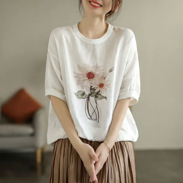 Tシャツ  カジュアル  ベージュ  プリント  コットン  半袖  ゆったり  プルオーバー  夏服  綿麻  文芸  新作  レトロ  流行  レディース