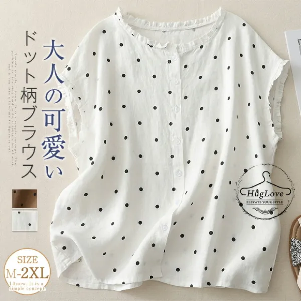 ドット柄シャツ シャツブラウス シンプル 可愛い 大人可愛い 綿麻風 カジュアル トップス