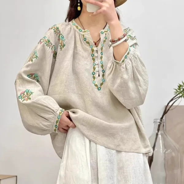 Tシャツ  シャツ  ベージュ  エスニック  コットン  長袖  ゆったり  夏服  綿麻  春夏  新作  レトロ  刺繍