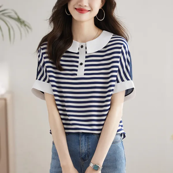 Tシャツ ボーダー柄 シフォンブラウス レディース 新作 半袖 折り襟 薄手 ラウンドネック tシャツ 配色 シフォン トップス プルオーバー カジュアル エレガント 大人