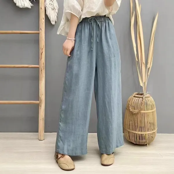 ワイドパンツ  ベージュ  スリムに見える  ゆったり  ウエストゴム  ストレート  気質  レーシング  リネン  レディース