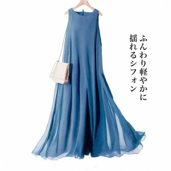 ワンピース  シフォン  ノースリーブ  クルーネック  夏服  なし  新作  日本風