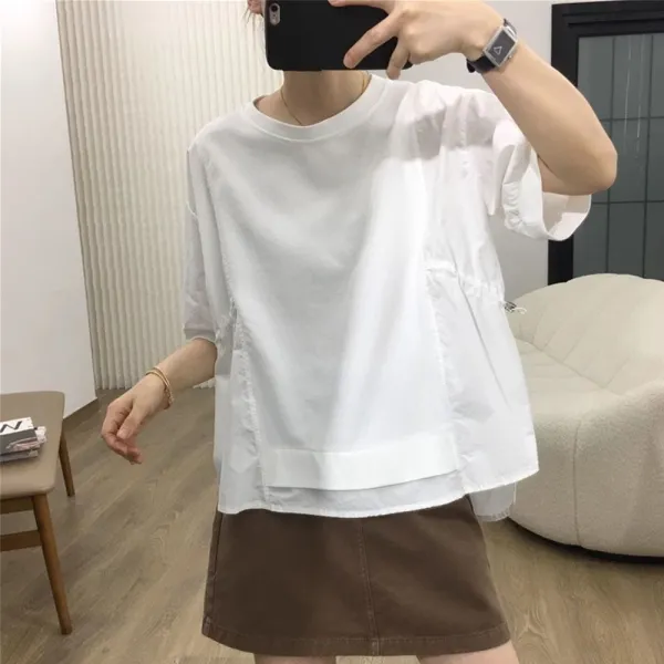 Tシャツ  不規則  シャツ  切り替え  コットン  半袖  スリムに見える  ゆったり  夏服  デザイン  新作  デザイン性  レディース