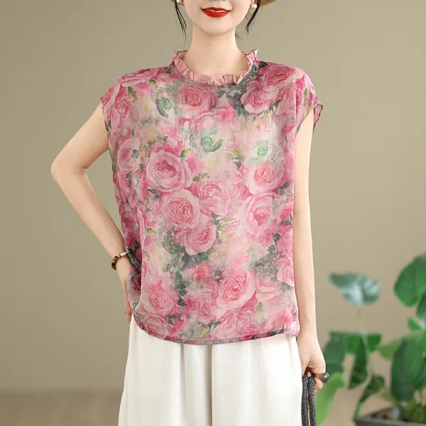 花柄  ベージュ  すがすがしい  スリムに見える  どんなスタイルにも合う  ゆったり  夏服  文芸  レトロ  レディース