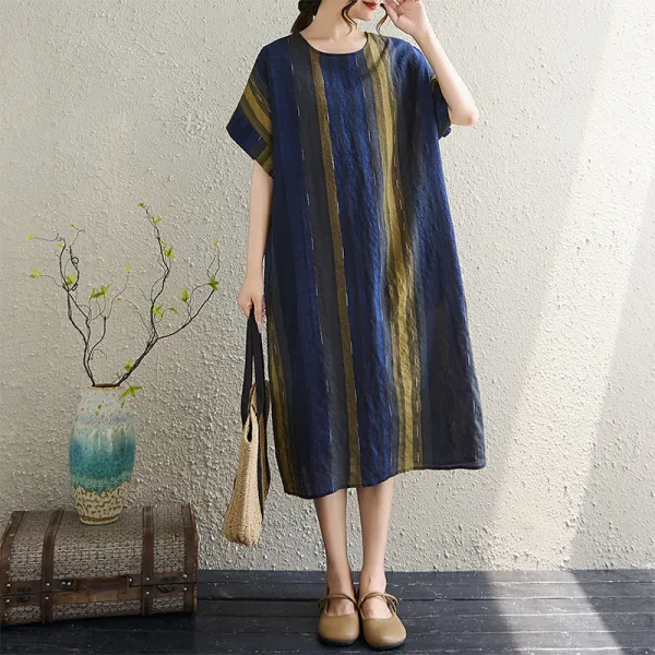 ワンピース  ストライプ柄  ベージュ  プリント  コットン  半袖  夏服  綿麻  文芸  普通  気質  レディース  ミディ丈 / ミディアム丈