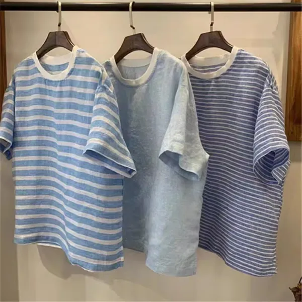 Tシャツ  ストライプ柄  カジュアル  ベージュ  すがすがしい  どんなスタイルにも合う  ゆったり  クルーネック  夏服  文芸  若く見え  リネン  新作  日本風  レディース