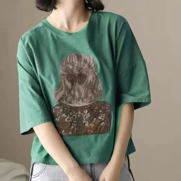 Tシャツ  プリント  すがすがしい  コットン  ゆったり  クルーネック  夏服  文芸  新作  レディース