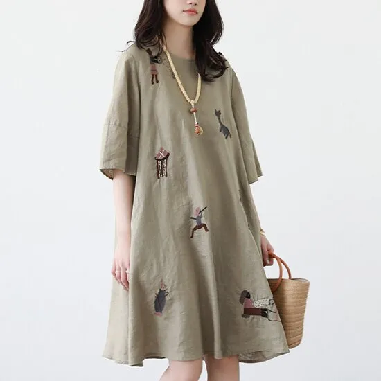 チュニック ワンピース 刺繍 綿 レディース 新作 ロングTシャツ 綿麻風ワンピース 切り替え 半袖 クルーネック 膝上丈 着痩せ デザイン感 春 夏 プルオーバー 大人