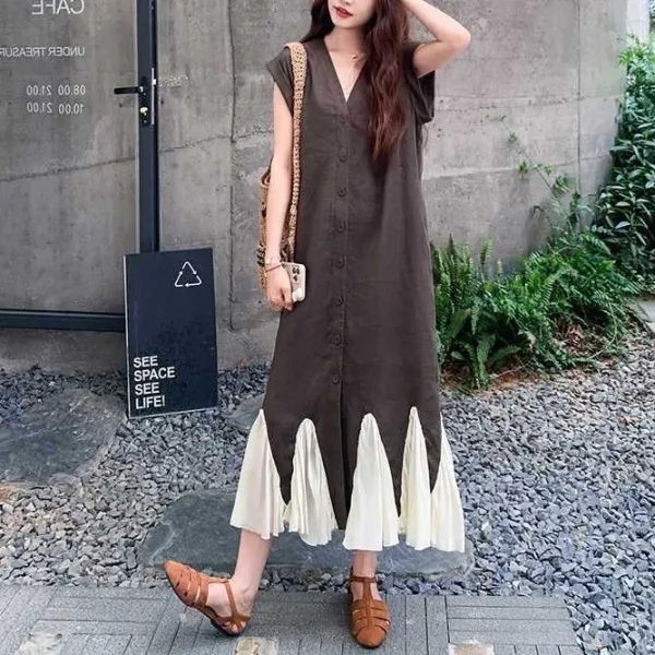 ワンピース  切り替え  カジュアル  ロング  夏服  レイジー風  新作  レトロ  フレンチスタイル  レディース