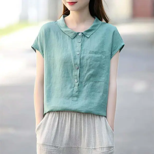シャツ  ベージュ  コットン  半袖  ゆったり  夏服  ラウンドカラー  綿麻  文芸  薄  若く見え  新作  おしゃれ / ファッション  レトロ  レディース  大きめサイズ