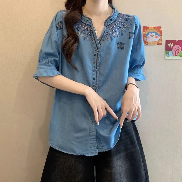 シャツ  エスニックスタイル  エスニック  半袖  ゆったり  Vネック  気質  高級  レトロ  刺繍  レディース  大きめサイズ  高級感