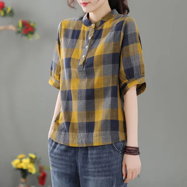 シャツ  カジュアル  ベージュ  コットン  ゆったり  プルオーバー  夏服  綿麻  普通  新作  レトロ  レディース  大きめサイズ