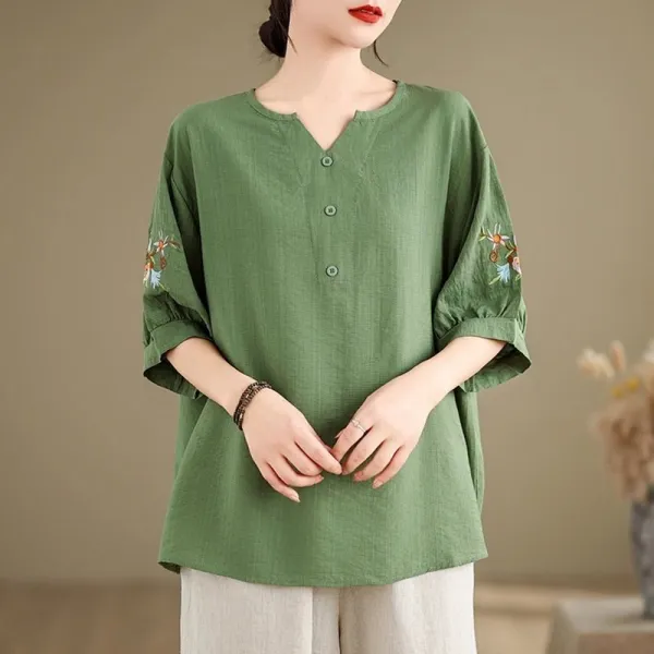 シャツ  エスニックスタイル  ベージュ  エスニック  コットン  夏服  綿麻  薄  普通  気質  リネン  レトロ  刺繍  レディース