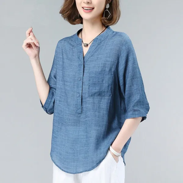 シャツ  五分袖  ベージュ  コットン  半袖  Vネック  夏服  綿麻  7分  薄  普通  レディース  大きめサイズ
