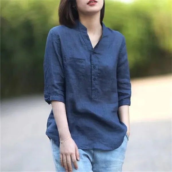 Tシャツ  シャツ  カジュアル  ベージュ  コットン  半袖  スリムに見える  スタンドネック  夏服  綿麻  文芸  リネン  レディース