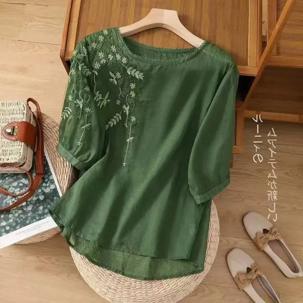 Tシャツ  シャツ  ベージュ  コットン  半袖  スリムに見える  ゆったり  クルーネック  夏服  綿麻  文芸  薄  新作  レトロ  刺繍