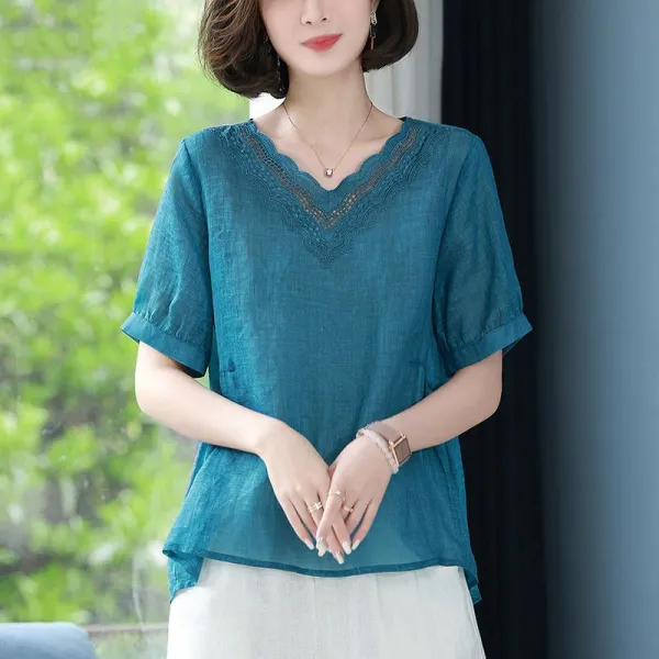 シャツ  刺繍  カジュアル  半袖  ゆったり  Vネック  夏服  新作  レディース