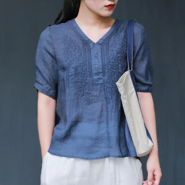 Tシャツ  シャツ  半袖  スリムに見える  ゆったり  Vネック  プルオーバー  文芸  刺繍  レディース  洗練された