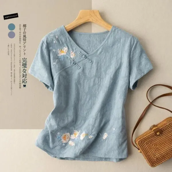 Tシャツ  刺繍  ベージュ  コットン  綿麻  文芸  薄  春夏  リネン  新作  レトロ  レディース