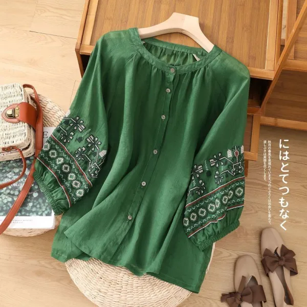 シャツ  シングルブレスト  ランタンスリーブ  ベージュ  コットン  夏服  綿麻  気質  レトロ  刺繍  レディース
