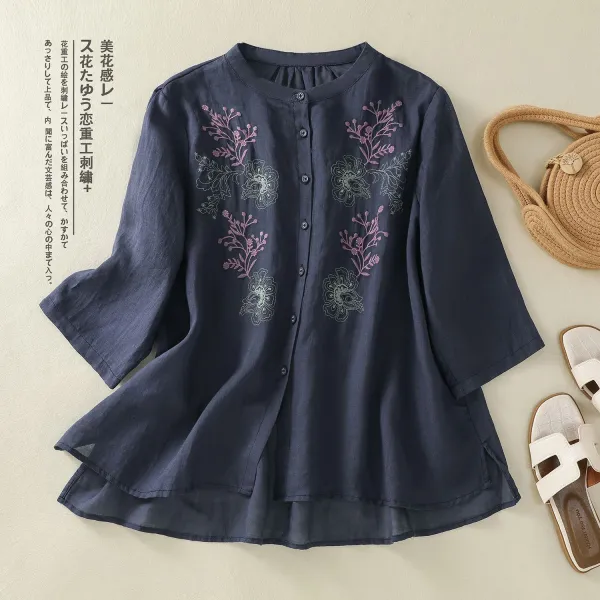 シャツ  五分袖  ベージュ  スタイリッシュ  コットン  スタンドネック  夏服  綿麻  普通  若く見え  リネン  刺繍  レディース  洗練された