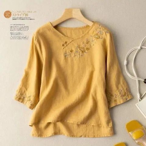 シャツ  刺繍  ベージュ  コットン  ゆったり  夏服  綿麻  7分  文芸  普通  中華風  新作  レトロ  レディース