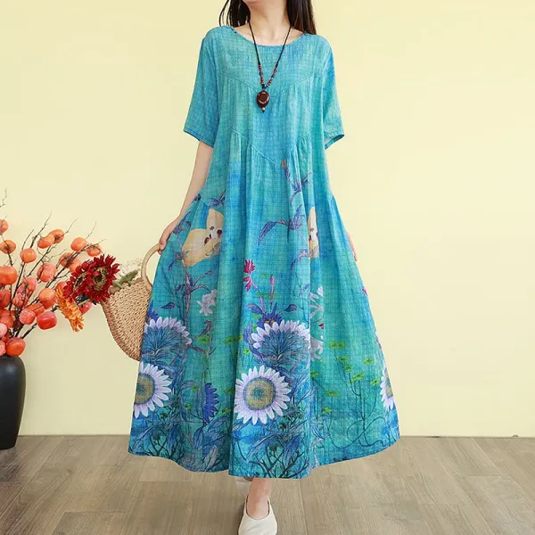 ワンピース  ベージュ  プリント  コットン  半袖  スリムに見える  ゆったり  ロング  クルーネック  夏服  綿麻  文芸  気質  新作  レトロ  レディース
