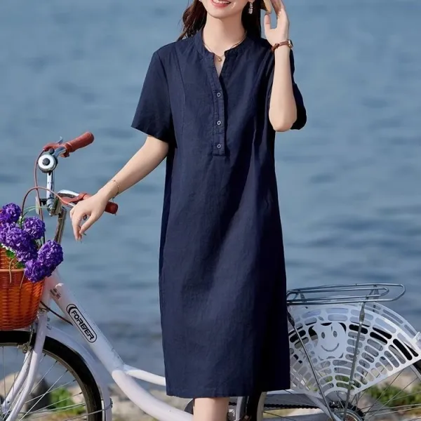 ワンピース  カジュアル  ベージュ  コットン  半袖  スリムに見える  ゆったり  夏服  綿麻  新作  大きめサイズ