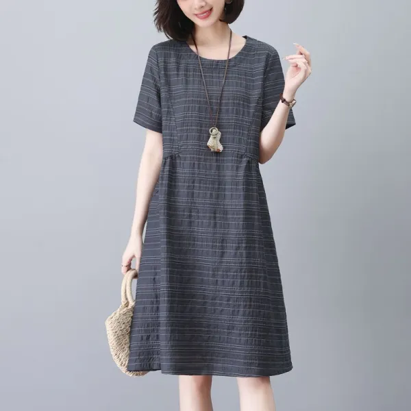 ワンピース  ストライプ柄  カジュアル  半袖  スリムに見える  ゆったり  クルーネック  夏服  普通  新作