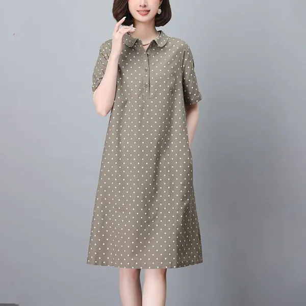 ドット  ワンピース  カジュアル  ベージュ  カジュアルワンピース  コットン  ゆったり  夏服  綿麻  リネン  新作  2025  レディース  大きめサイズ