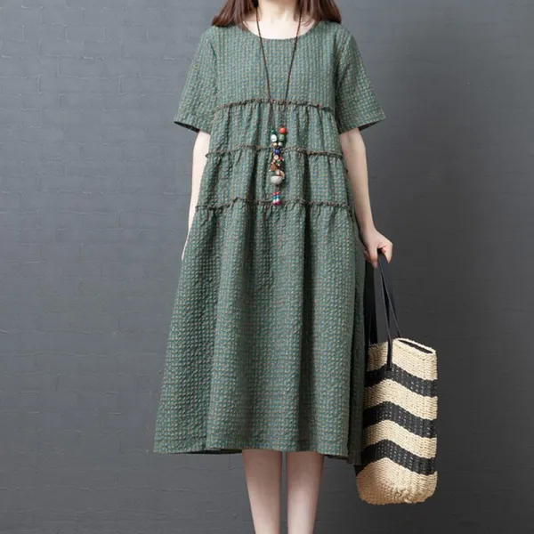 ワンピース  カジュアル  ベージュ  コットン  半袖  ゆったり  夏服  綿麻  文芸  普通  リネン  新作  レトロ  レディース  ミディ丈 / ミディアム丈  大きめサイズ  洗練された