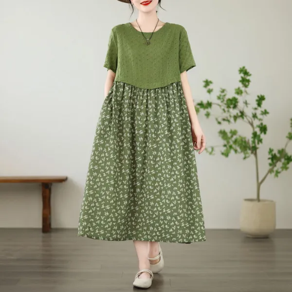ワンピース  透かし彫り  花柄  ベージュ  コットン  ゆったり  ロング  夏服  綿麻  フェイクレイヤード  レトロ  レディース  大きめサイズ