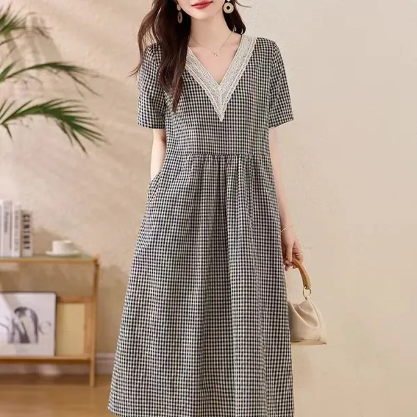 ワンピース  切り替え  カジュアル  半袖  ゆったり  Vネック  夏服  普通  気質  若く見え  新作  レディース  ミディ丈 / ミディアム丈