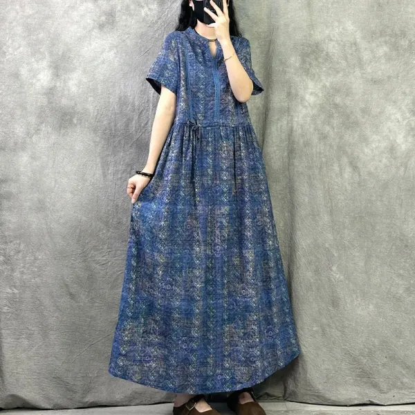 ワンピース  ベージュ  プリント  コットン  スリムに見える  ゆったり  夏服  デザイン  綿麻  気質  新作  レトロ  レディース  大きめサイズ