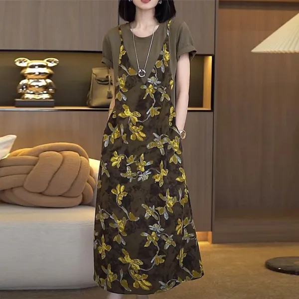 ワンピース  キャミソール  スリムに見える  ロング  夏服  リゾートスタイル  フェイクレイヤード  ポケット  大きめサイズ