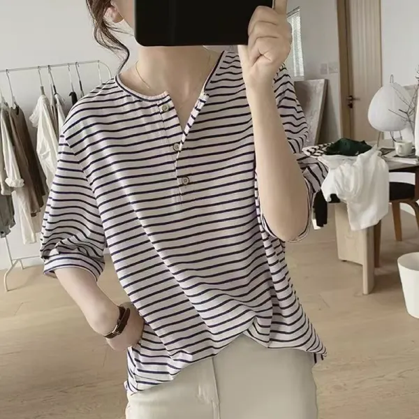 リピー数高 ボーダー 半袖 ボタン ランタンスリーブ ラウンドネック 定番 Tシャツ