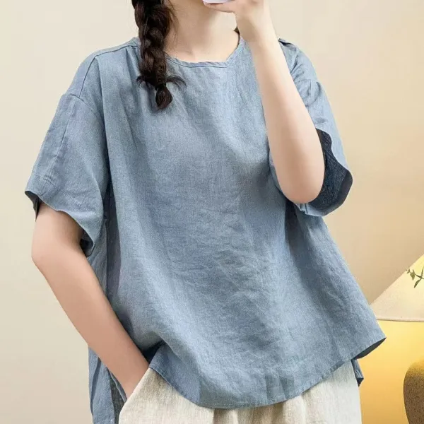 Tシャツ  無地  シンプル  ベージュ  半袖  ゆったり  クルーネック  プルオーバー  夏服  文芸  リネン  レディース