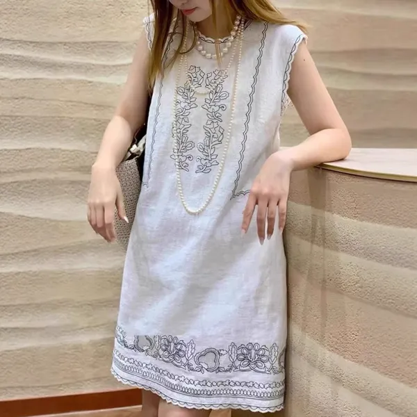 ワンピース  ベージュ  プリント  ホワイト  ノースリーブ  夏服  なし  高級  リネン  おしゃれ / ファッション  フレンチスタイル  ニッチ  レディース