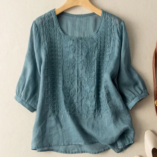 シャツ  ベージュ  コットン  半袖  クルーネック  綿麻  文芸  薄  気質  通気性良い  レトロ  刺繍  2025  レディース