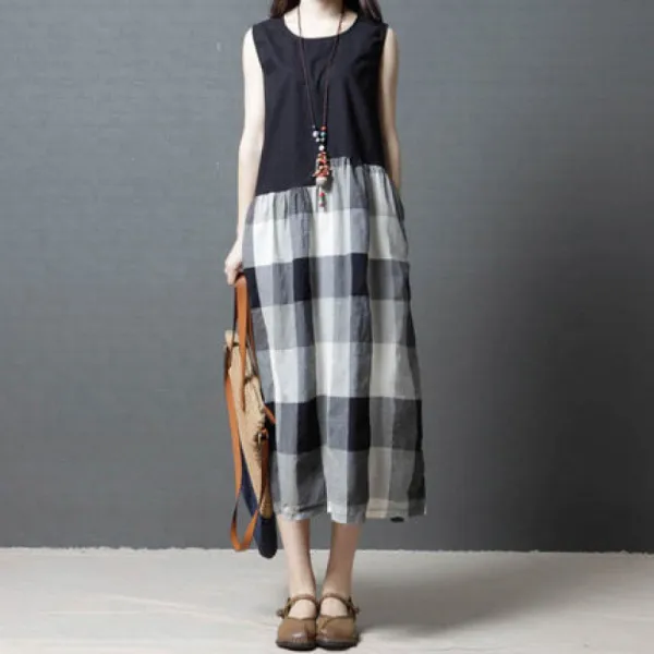ワンピース  ベージュ  ロングワンピース  コットン  ノースリーブ  ゆったり  クルーネック  夏服  韓国風  袖丈  綿麻  なし  新作  おしゃれ / ファッション  レディース  大きめサイズ