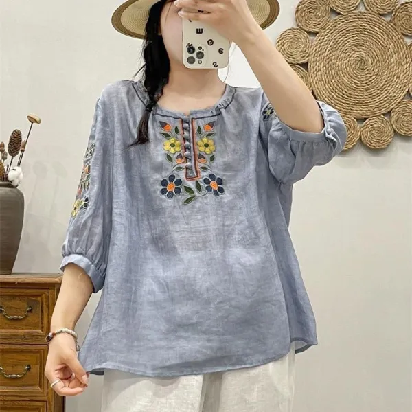 Tシャツ  ベージュ  エスニック  コットン  どんなスタイルにも合う  ゆったり  Vネック  夏服  綿麻  7分  文芸  新作  レトロ  大きめサイズ