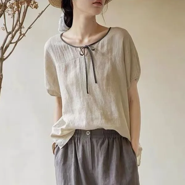 Tシャツ  エスニックスタイル  ベージュ  エスニック  コットン  半袖  どんなスタイルにも合う  ゆったり  夏服  綿麻  文芸  若く見え  レーシング  新作  レトロ  レディース
